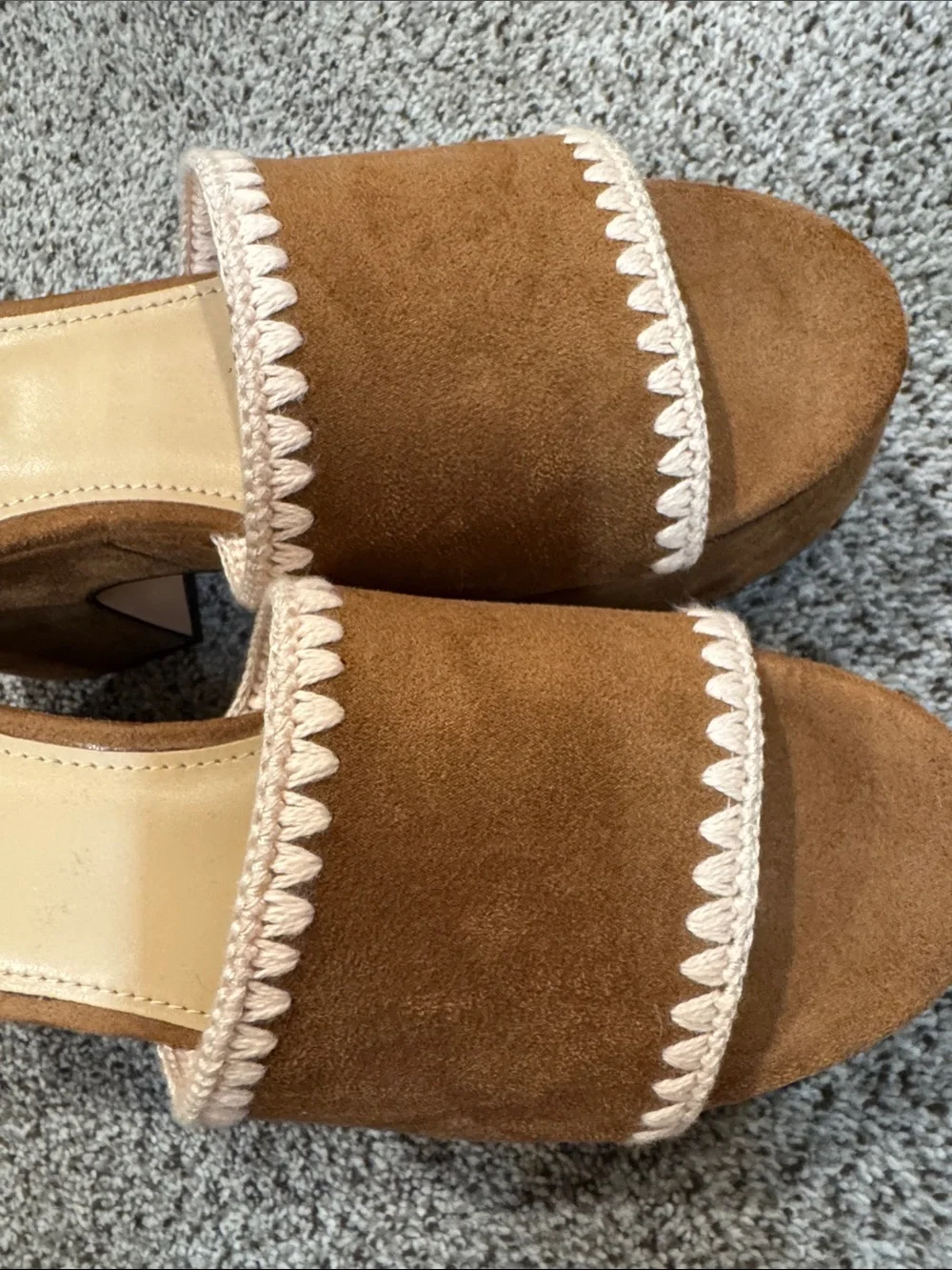Nine West Brown Suede Platform Mules with Cream Scallop Trim